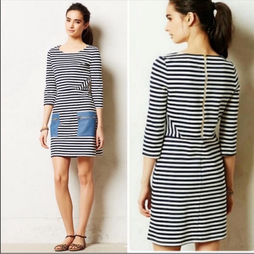 Anthropologie Navy and White Striped Shift Dress with Blue Patch Pockets
